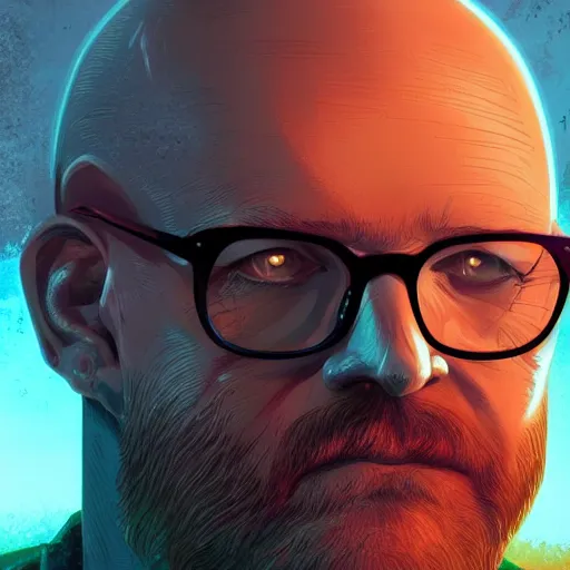 Prompt: bald middle aged man with glasses crunching nubers in excel, digital illustration portrait design, by android jones and greg rutkowski, retrowave color scheme, detailed, cinematic lighting, wide angle action dynamic portrait