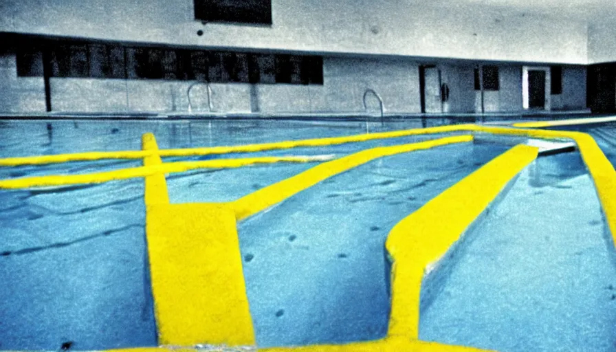 Prompt: 1 9 6 0 s movie still of an empty blue and yellow tiles municipal swimmingpool, security cam footage, liminal space style