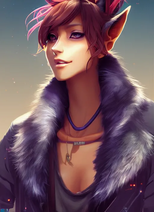 Prompt: beautiful portrait of a sexy female anthro coyote fursona with fur instead of skin, wearing mechanic clothes in a cyberpunk industrial city. character design by charlie bowater, ross tran, artgerm, and makoto shinkai, detailed, soft lighting, rendered in octane. Manga cover.