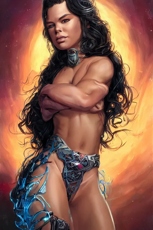 Image similar to fantasy comic book style portrait of a gorgeous teen model with ringlets who looks like miranda cosgrove wearing a metal bikini, hyper realistic, illustration, trending on artstation, HD, 4k, 8k, intricate detailed anatomy, character design, by james gurney and tom bagshaw
