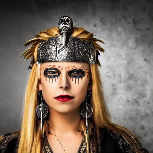 Prompt: A new dark hero for blockbuster movies. A blonde dreaded beauty with a mask of silver skulls, engraved with ancient and ultra-detailed patterns. Attractive eyes. A fearless smile. Blurred background. Earrings. Gold. Aztecs. Inca. Mexico.