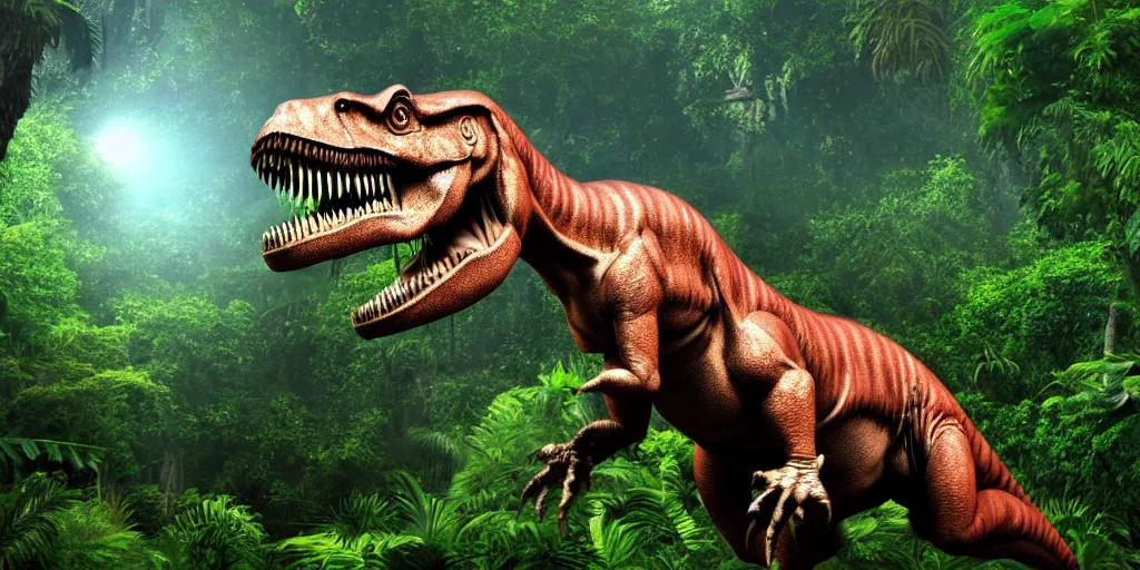 Prompt: photo realism, small tyrannosaurus rex, big human, background jungle, 4 k