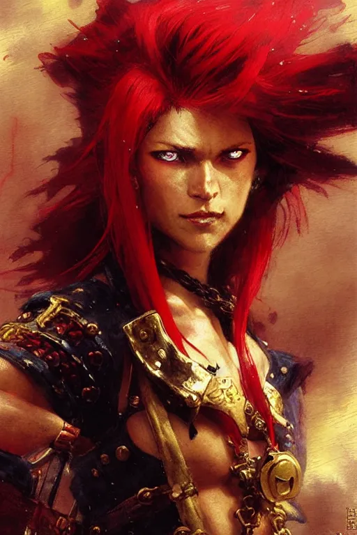 Prompt: female pirate captain in a red pirate outfit with a red pirate hair lying on a pile of gold coins anime portrait dnd, painting by gaston bussiere, craig mullins, greg rutkowski, yoji shinkawa