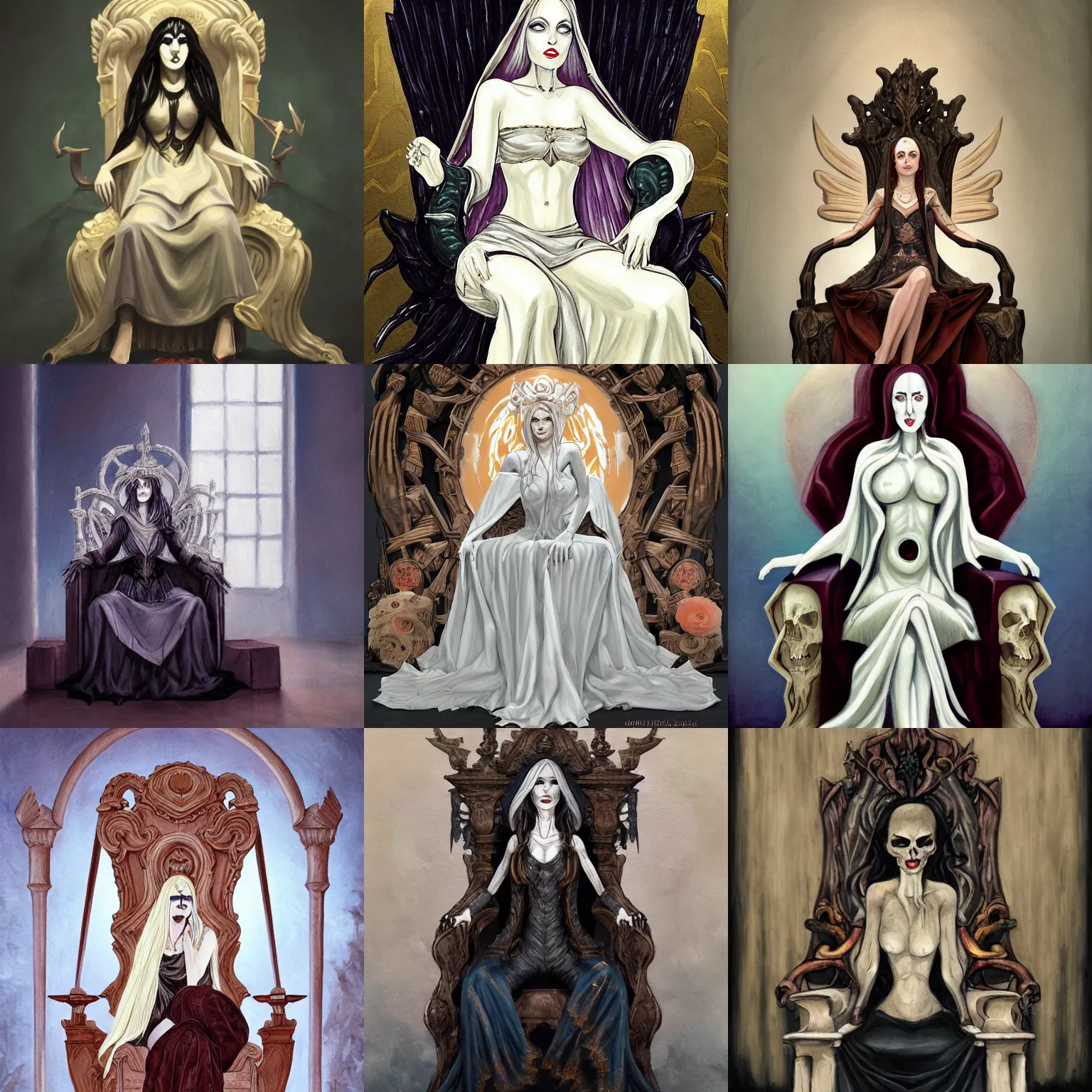 Prompt: the pale lady sits on her throne. the goddess of death holds court for a featureless crowd. historical painting, artstation trending