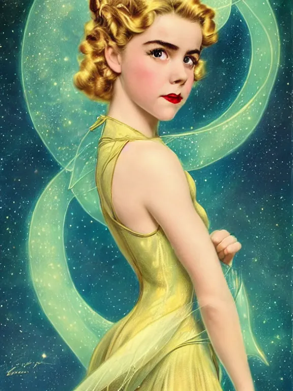 Prompt: kiernan shipka as tinkerbell, a beautiful art nouveau portrait by Gil elvgren, moonlit starry sky environment, centered composition, defined features, golden ratio, gold jewlery, photorealistic professionals lighting, cinematic, sheer