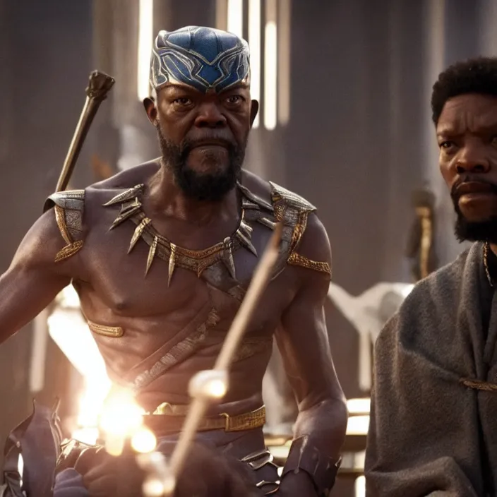 Prompt: film still of Samuel L Jackson as King T-Chaka in Black Panther, 4k