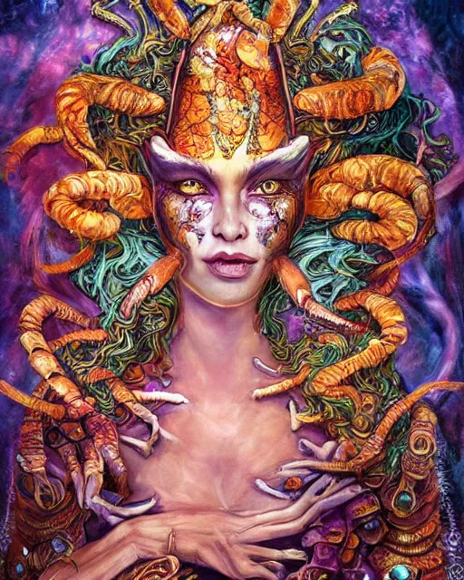 Prompt: portrait of a scorpion goddess, full body shot, rule of thirds, wide angle, fantasy, whimsical, horror, art by josephine wall and and hr geiger and chengwei pan and amanda sage, intricately detailed, highly detailed, luxurious, elegant, clean, unsettling, trending on artstation