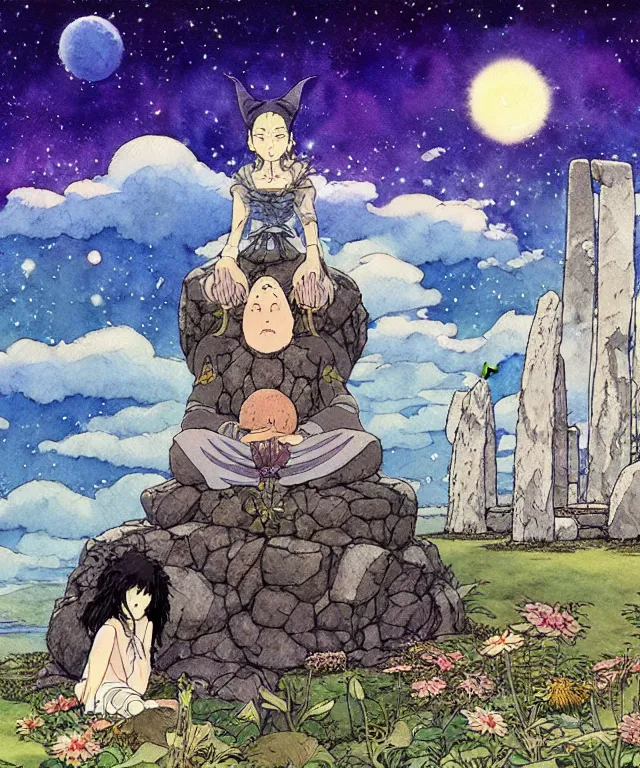 Image similar to a hyperrealist studio ghibli watercolor fantasy concept art. in the foreground is a giant long haired grey witch in lotus position sitting on top of stonehenge with a starry sky in the background. by rebecca guay, michael kaluta, charles vess