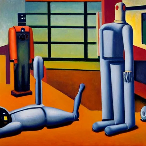 Prompt: robots prostrate jum ah, grant wood, pj crook, edward hopper, oil on canvas