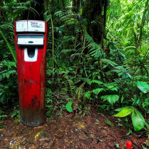 Prompt: An abandoned gas pump deep in the rainforest. The pump looks like a relic from the past. Nature is taking over