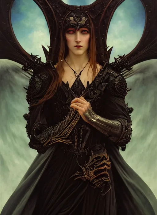 Prompt: majestic satanic bat wing black armored evil man movie poster, art style by edmund leighton, tom bagshaw, alphonse mucha, exquisite digital art, haunting, masterpiece, organic painting, photorealistic, ornate and hyper detailed