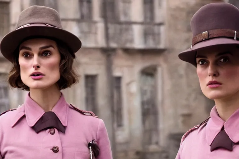 Image similar to wide-shot of kiera knightley as a constable in a movie directed by Wes Anderson, symmetrical shot, idiosyncratic, relentlessly detailed, pastel colour palette, detailed perfect face, movie still frame, promotional image, imax 70mm footage