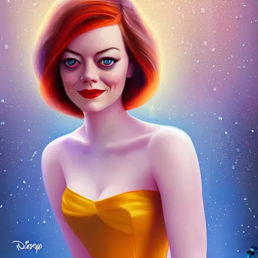 Image similar to Full body digital painting of Emma Stone as a Disney princess wearing snow white's dress, Pixar style, professional studio lightening, volumetric lightening, photorealism by Tristan Eaton Stanley Artgerm and Tom Bagshaw