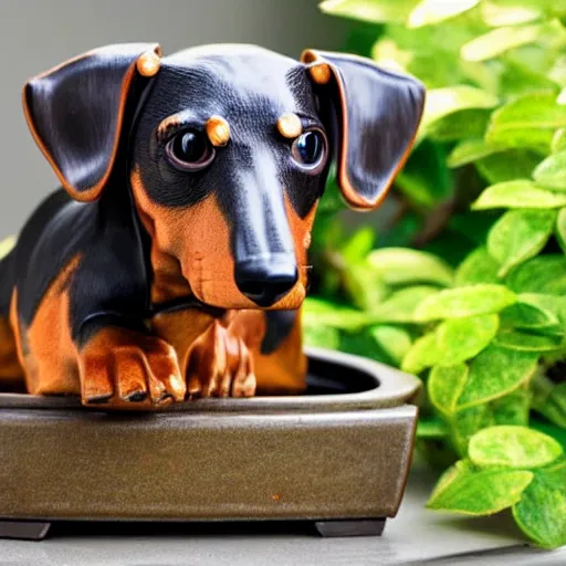 Image similar to Old wood dachshund with leaves, growing in a bonsai pot