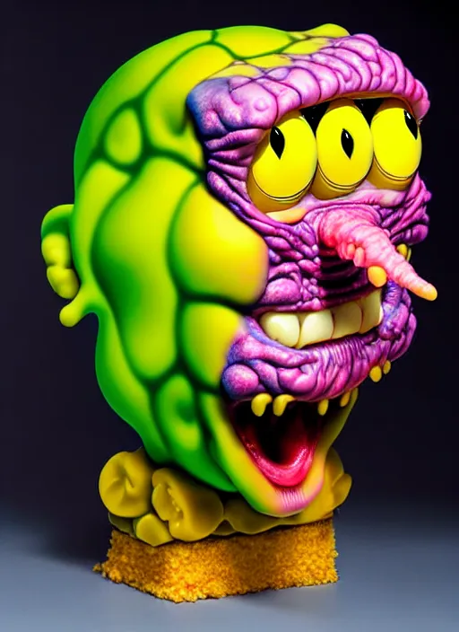 Image similar to hyperrealistic rendering, fat smooth cronenberg flesh monster spongebob face by art of skinner and richard corben and jeff easley, product photography, action figure, sofubi, studio lighting, colored gels, colored background