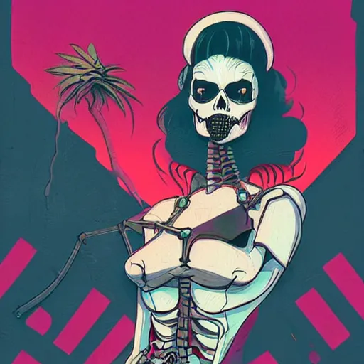 Image similar to a colorfully detailed comic noir style illustration of a beautiful woman wearing a skeleton suit in a post-apocalyptic desert by queens of the stone age and sachin teng, dark vibes, street art, cinematic, high contrast, depth of field
