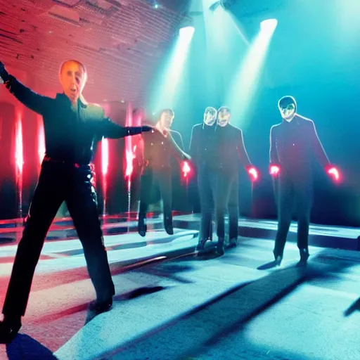 Prompt: Wide Putin in Staying Alive videoclip, detailed dynamic lighting studio shot