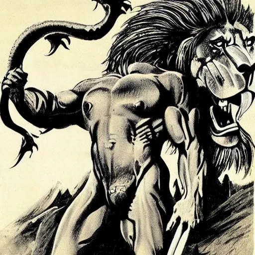 Image similar to a creature with the body and eyes of a man, with the beak of an eagle, the mane of a lion, and the horns of an ox. drawn by frank frazetta