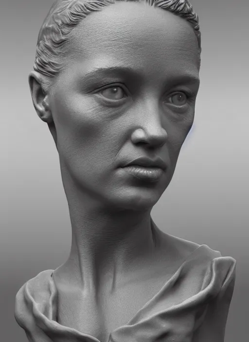 Image similar to 3D resin miniature sculpture by Jean-Baptiste Carpeaux, woman, prefect symmetrical face, academic art, realistic, 8K, Introduction factory photo, Hyperrealism. Subsurface scattering, raytracing, Octane Render, Zbrush, simple background