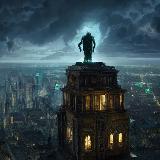 Image similar to cthulhu overlooking a city, volumetric lighting, 8 k octane beautifully detailed render, post - processing, extremely hyper - detailed, intricate, epic composition, cinematic lighting, masterpiece, trending on artstation, detailed detailed detailed, masterpiece, stunning art by anders zorn, wonderful masterpiece by greg rutkowski, beautiful cinematic light,