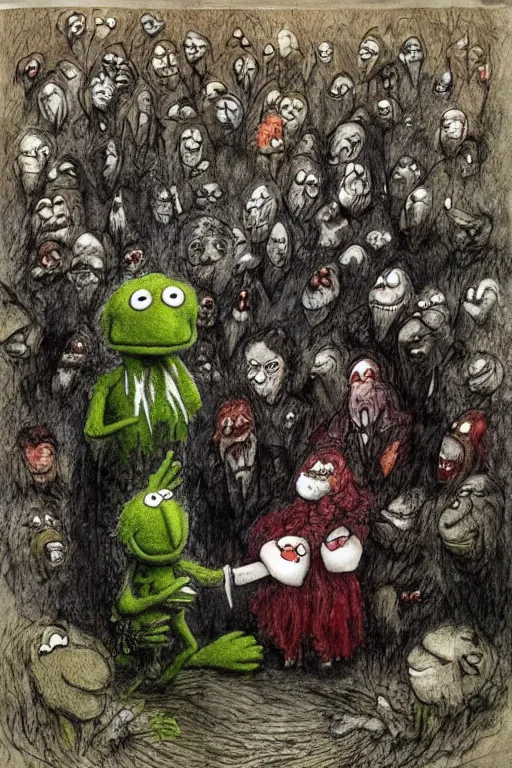 Prompt: sad muppet funeral, graveside, rain, outside, 1 9 8 0 s, creepy, scary, crying, grotty, ugly, terrified, brian froud