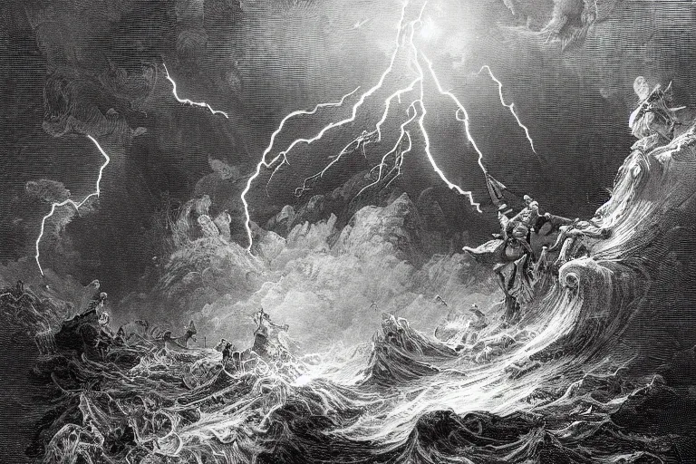 Image similar to highly detailed big open book, open book page, don quixote left the book, symmetrical face, magical, roman myth, masterpiece, crashing waves, lightning, highly detailed painting by gustave dore