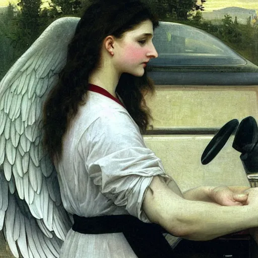 Prompt: an oil painting of an angel driving a car ordering in drive through, by Bouguereau, highly realistic and intricate