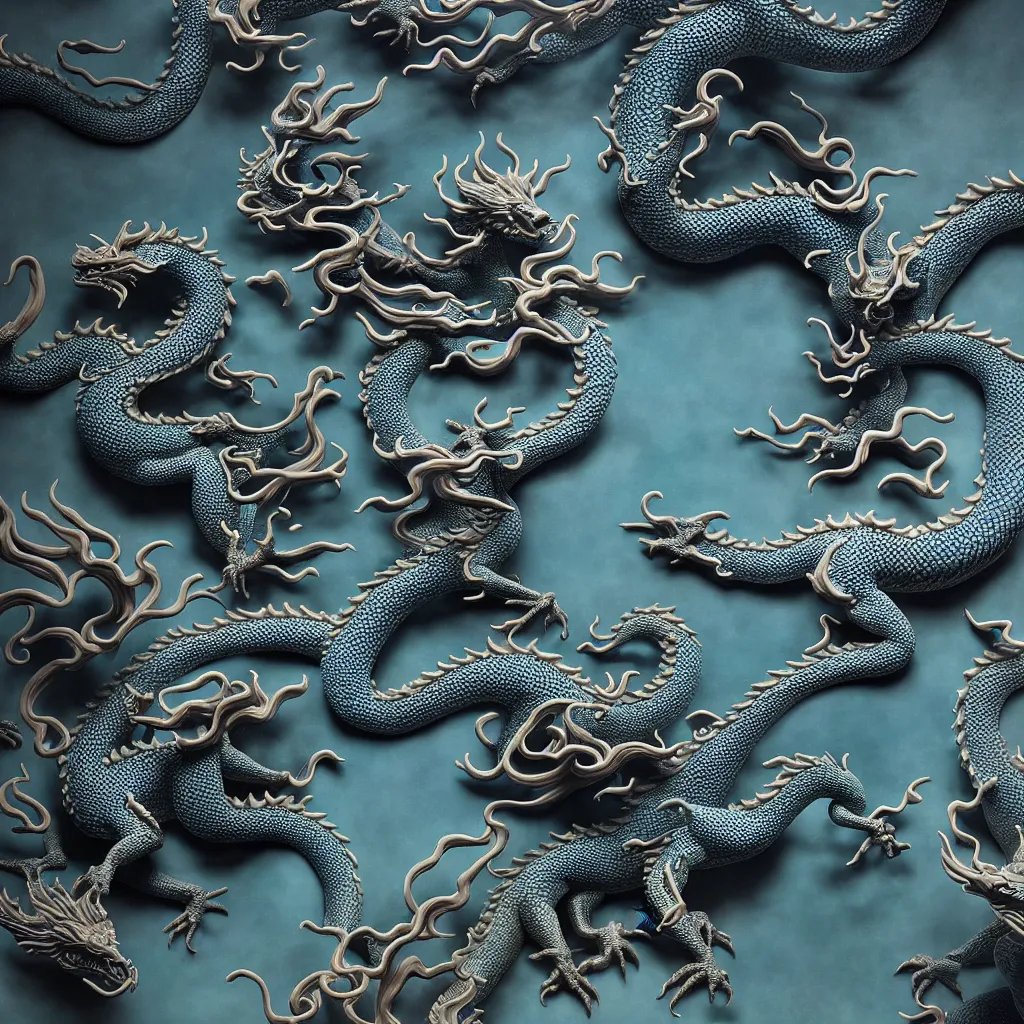 Image similar to a closeup photo - real delicate ceramic porcelain sculpture of an ornate detailed dragons fighting in front of a intricate background by victo ngai and takato yamamoto, micro detail, backlit lighting, subsurface scattering, translucent, thin porcelain, octane renderer, black and neon blue, physically based rendering, japanese pottery, trending on cgsociety
