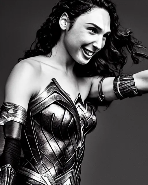 Prompt: gal gadot as she crinkles her nose while laughing, dressed as wonder woman, photorealistic, black and white photography, hdr color, hyperreal