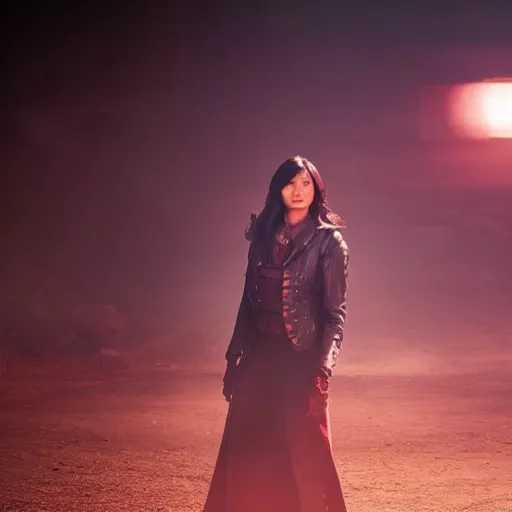 Prompt: gemma chan stars in a gunslinger spaghetti western, movie still, dramatic lighting, atmospheric dust, sunset