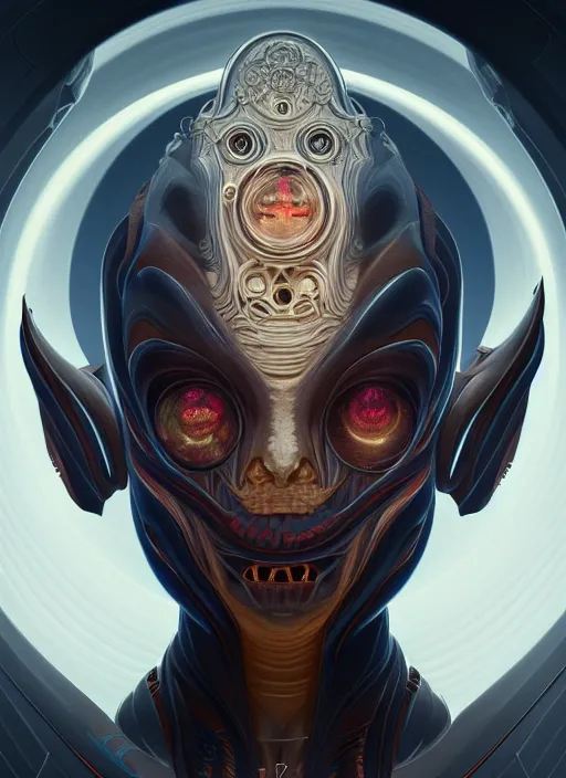 Image similar to symmetry!! portrait of grotesque alien, sci - fi, intricate, elegant, highly detailed, digital painting, artstation, concept art, smooth, sharp focus, illustration, art by artgerm and greg rutkowski and alphonse mucha, 8 k