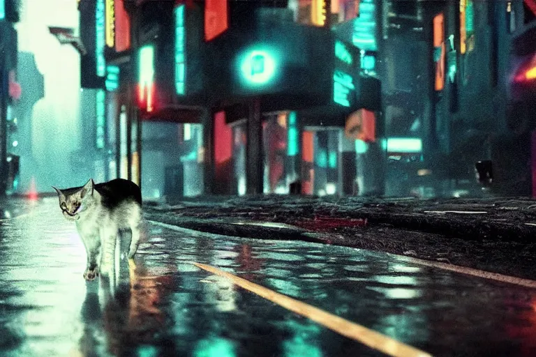 Prompt: VFX movie of a futuristic cat walking through a cyberpunk city rainy night natural lighting by Emmanuel Lubezki