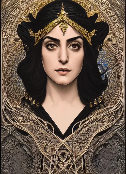 Image similar to centered portrait, Maya Ali as a D&D sorcerer, black hair, intricate robes, Art Nouveau, beautiful retro Fantasy heroine 1985, intricate, elegant, highly detailed, centered, digital painting, trending on artstation, concept art, smooth, sharp focus, illustration, art by raphael lacoste, eddie mendoza, Mucha, alex ross, WLOP