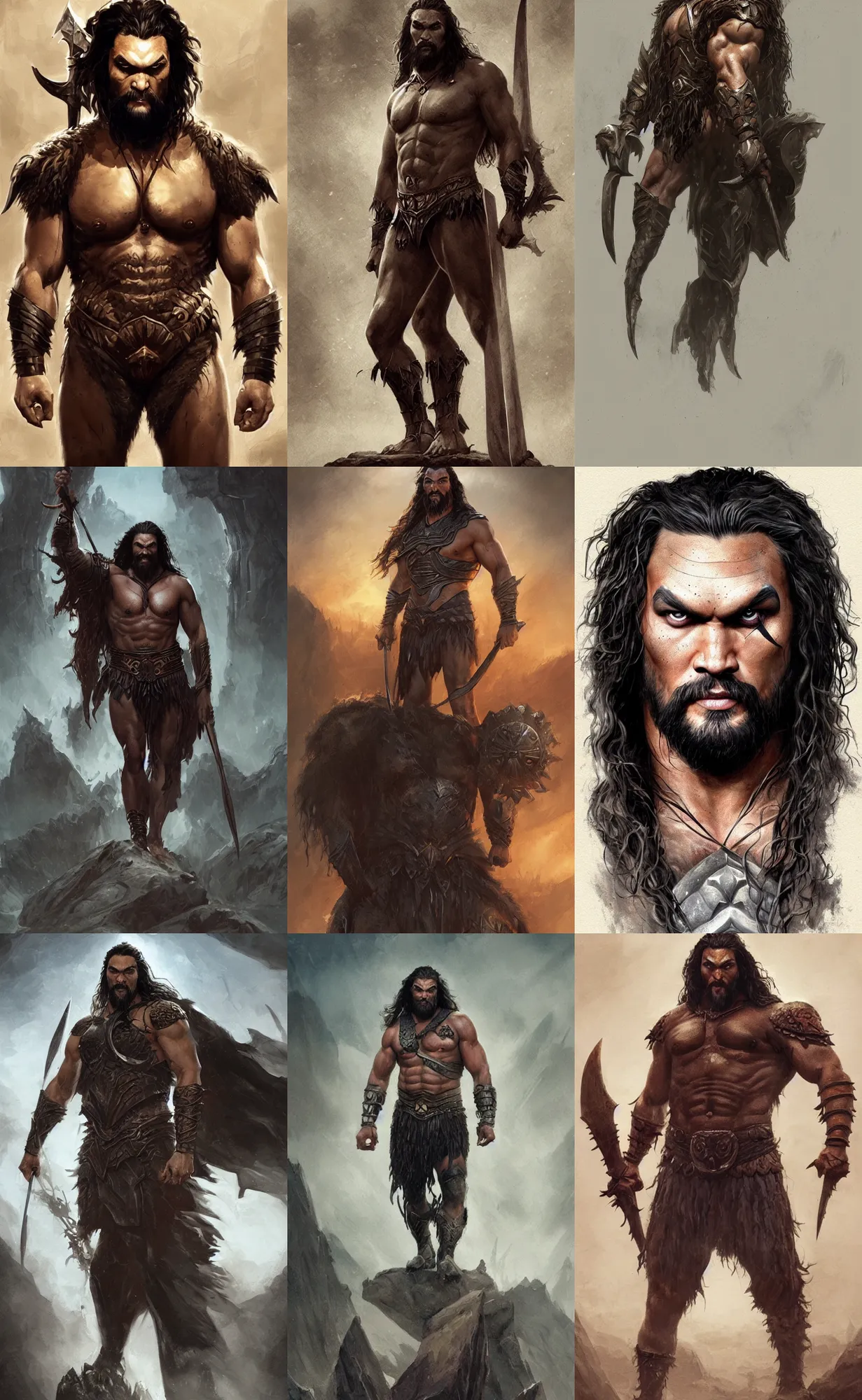 Prompt: jason momoa as conan, symmetrical front view, full shot, full body, digital painting, artstation, concept art, sharp focus, illustration, art by aleksi briclot and greg rutkowski and raphael lacoste