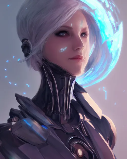 Image similar to holy cyborg necromancer girl, elegant, perfect face, scifi, futuristic, utopia, garden, illustration, atmosphere, warframe, blue eyes, white hair, focused, artstation, nier automata, highly detailed, art by yuhong ding and chengwei pan and serafleur and ina wong