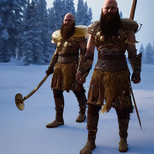 Image similar to highly detailed concept art golden kratos beard strong viking old golden armor in snow walking 8 k, unreal engine 5