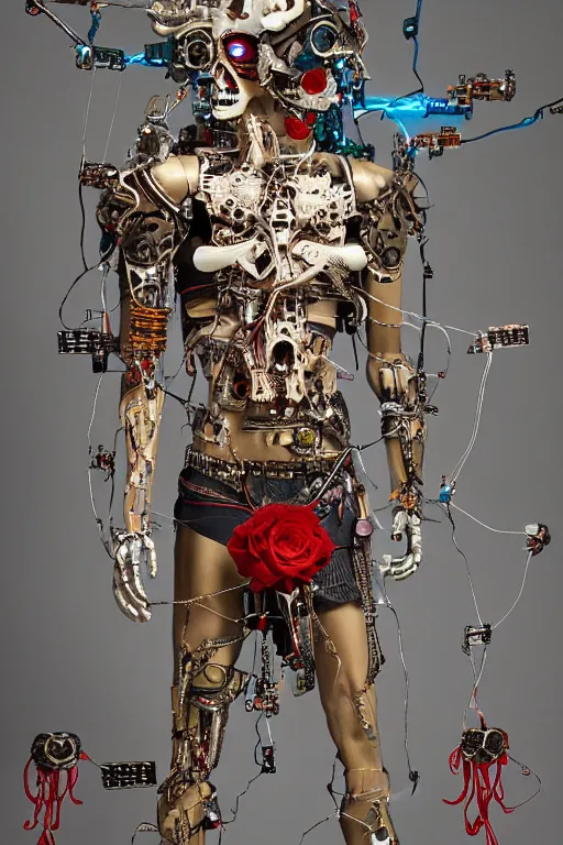 Image similar to full-body cyberpunk style sculpture of a young handsome Aztec prince half android with a chest opening exposing sparked circuitry, exposed motherboard, glowing red eyes, crown of white roses, flowing teal-colored silk, fabric, flowers. baroque elements, human skull. full-length view. baroque element. intricate artwork by caravaggio. many many birds birds on background. Trending on artstation, octane render, cinematic lighting from the right, hyper realism, octane render, 8k, depth of field, 3D