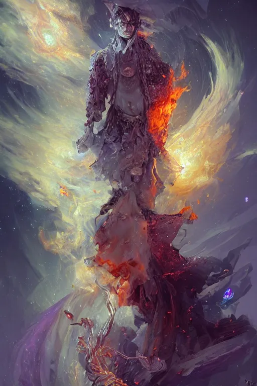 Image similar to the look of an elderly person, necromancer, witch - doctor covered with ice exploding into fire, imperfections, holding electricity highly detailed, high contrast, light reflection, trippy, nebula, trending on artstation by artgem, by peter mohrbacher, by wlop, by ruan jia