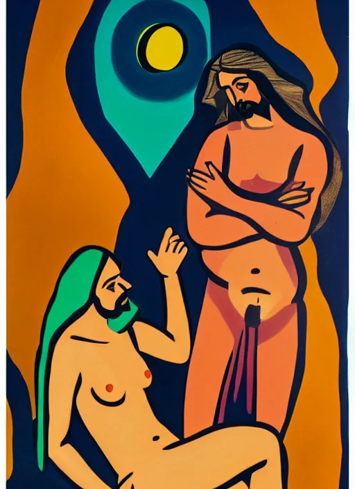 Image similar to painting of jesus being seductively unrobed by a mysterious woman, 8 k cel shading, pivix, in the style of ernst ludwig kirchner