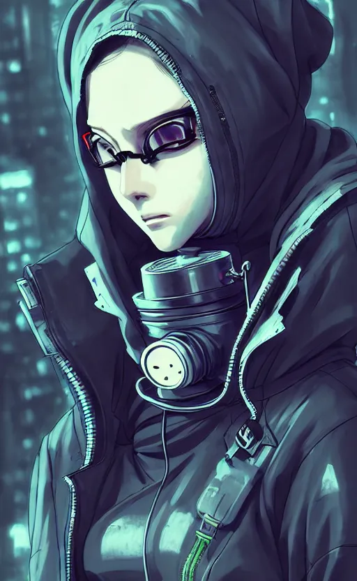 Image similar to cyberpunk anime girl in hoodie, cyberpunk gas mask, potrait, street night, grafity, beautiful face, grafity, arcane, action, tokyo street, detail, good face, pose model, concept art, style of arcane, 2 d art, style of yoji shinkawa, pan ren wei, col price, greg rutkowski, aesthetic