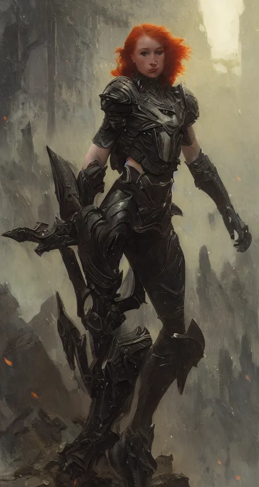 Image similar to short muscular redhead young woman wearing black lowpoly armour, bare legs, detailed, by gaston bussiere, bayard wu, greg rutkowski, giger, maxim verehin, greg rutkowski, masterpiece, sharp focus, cinematic lightning