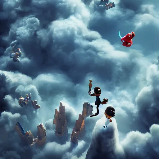 Image similar to stunning, coherent, impressive, detailed still of super black a family flying in clouds, follow shot, 3d, in the style of pixar, comic book style, 3d, highly detailed, sharp focus, bokeh, depth of field, 16k resolution, Unreal Engine 5, coherent, cinematic lighting, photorealistic, by Zhang Jingna
