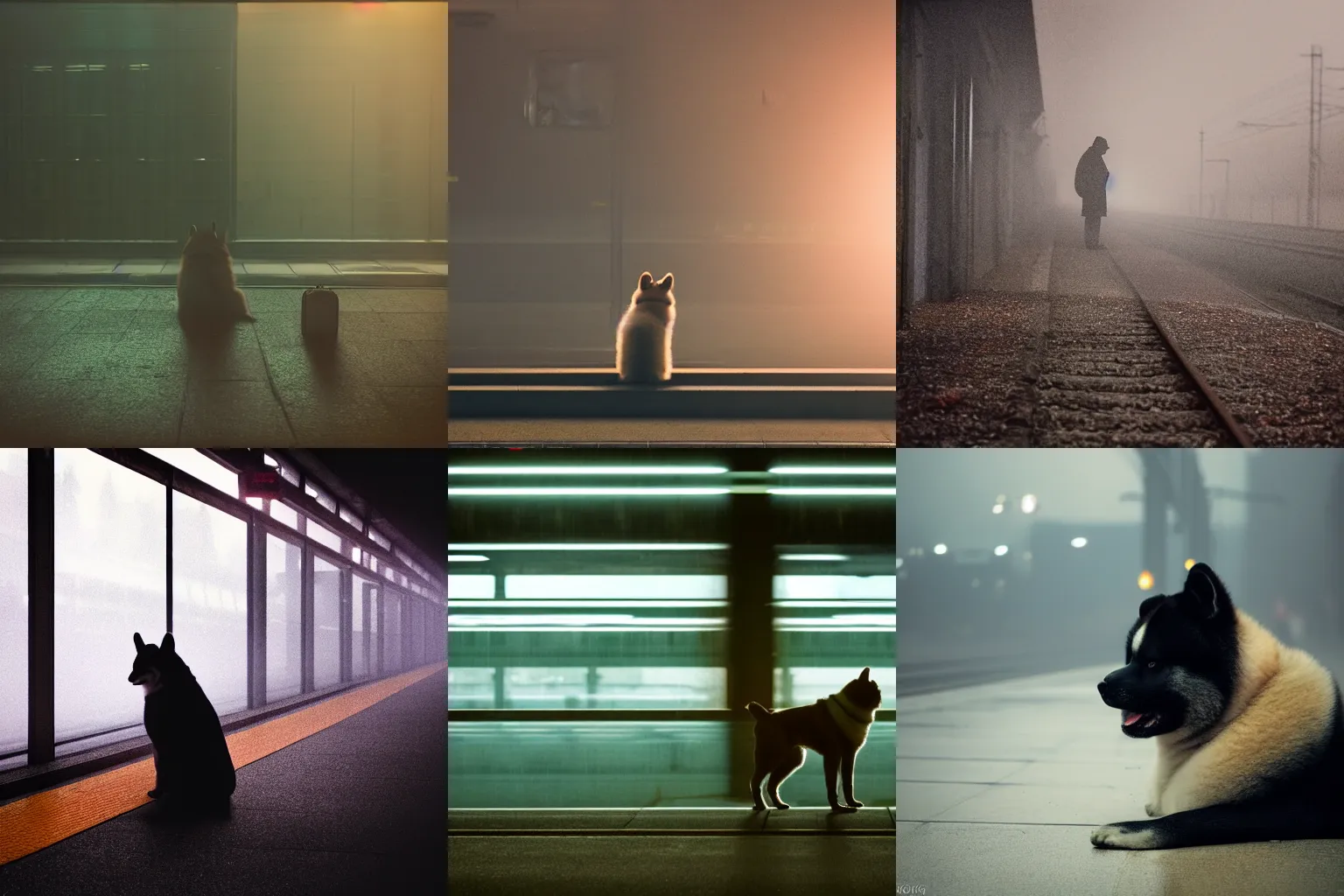 Prompt: high detail 35mm photograph of a depressed akita inu waiting alone at an empty foggy train station, colorful cold top lighting, desolate, atmospheric, hazy, melancholic, autochrome, 8k, reflections, octane render, unreal engine 5