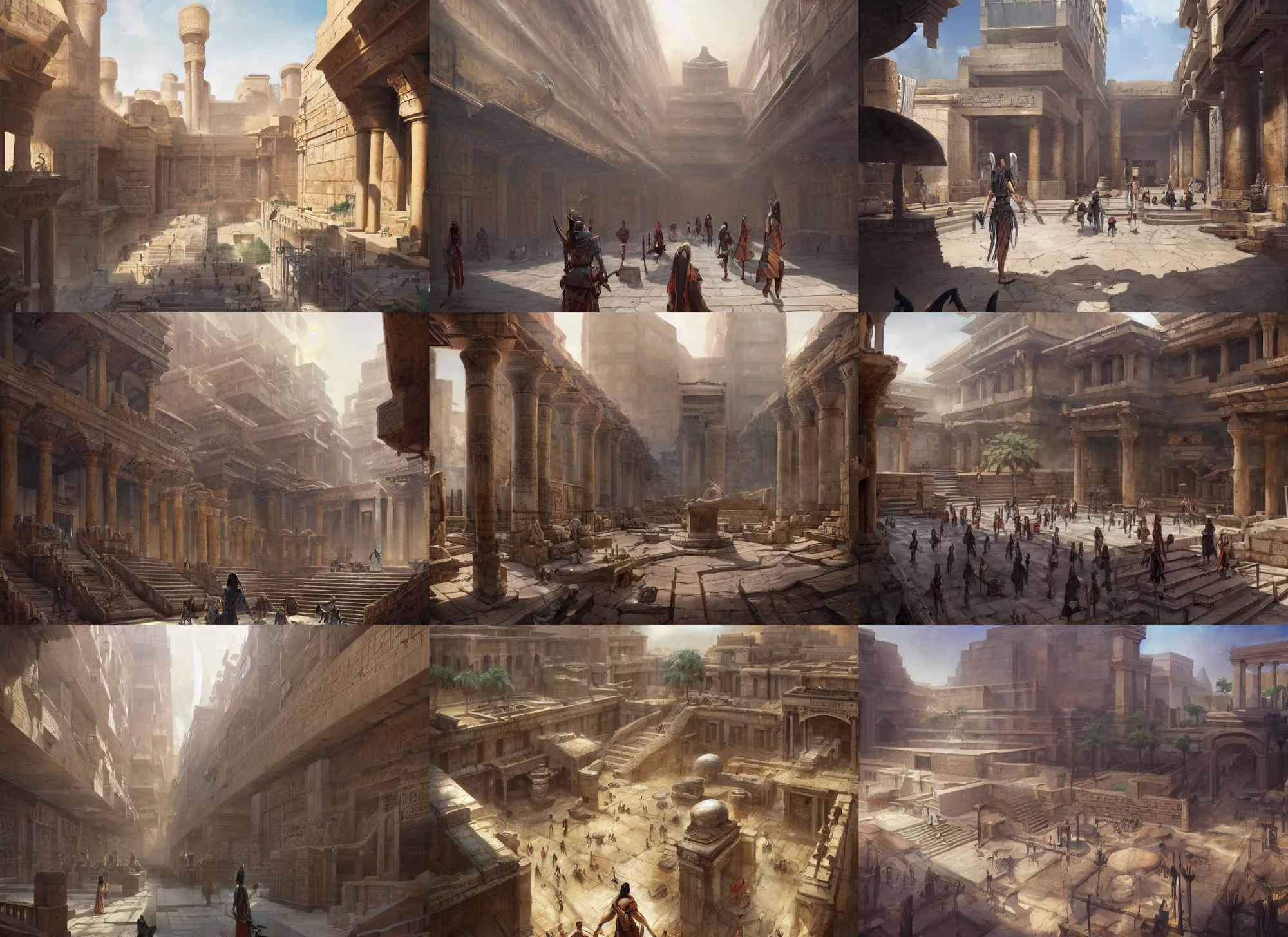 Prompt: A wide open courtyard in an epic ancient Egyptian-style city at midday, anime, cinematic, a fantasy digital painting by Greg Rutkowski and James Gurney, trending on Artstation, highly detailed