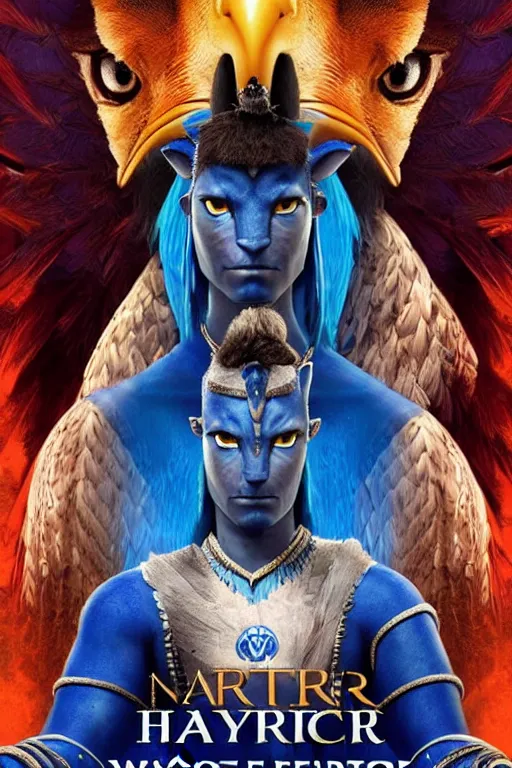 Prompt: a warrior princes with blue skin and a face of an eagle, avatar movie poster