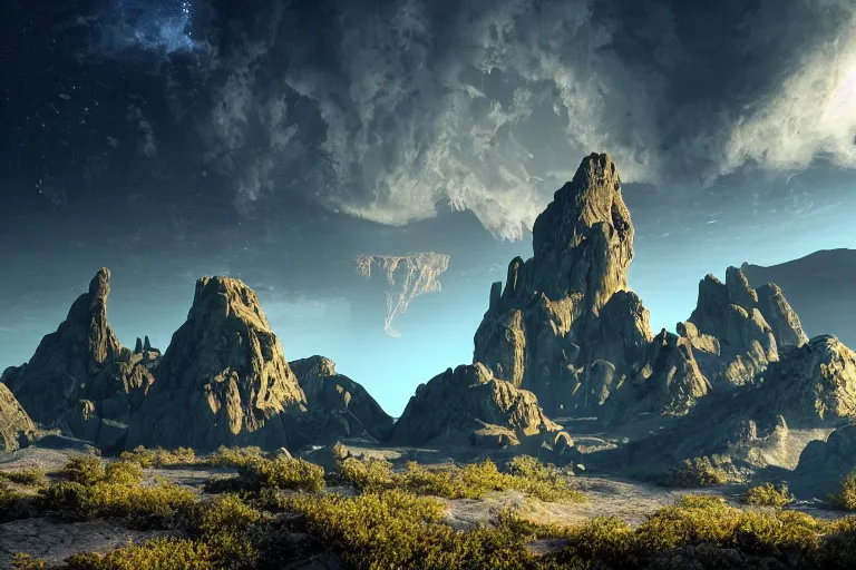 Image similar to an alien landscape featuring towering mountains, strange plants, and an otherworldly sky, 4 k photorealism