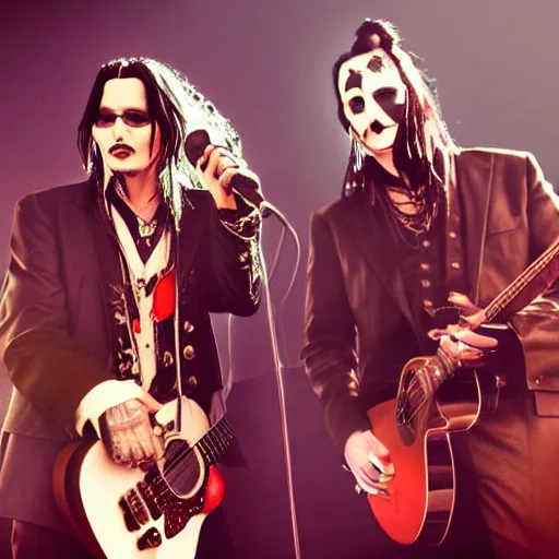 Image similar to A photorealistic photograph of Johnny Depp and Marilyn Manson performing on stage in a band. Trending on Artstation, featured on Behance, well-rendered, intricate, highly detailed, very crispy, Unreal Engine, 4K HD