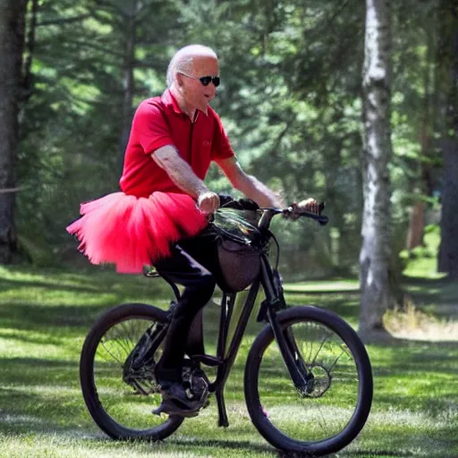 Prompt: joe biden wearing a tutu, riding a bike in the forest