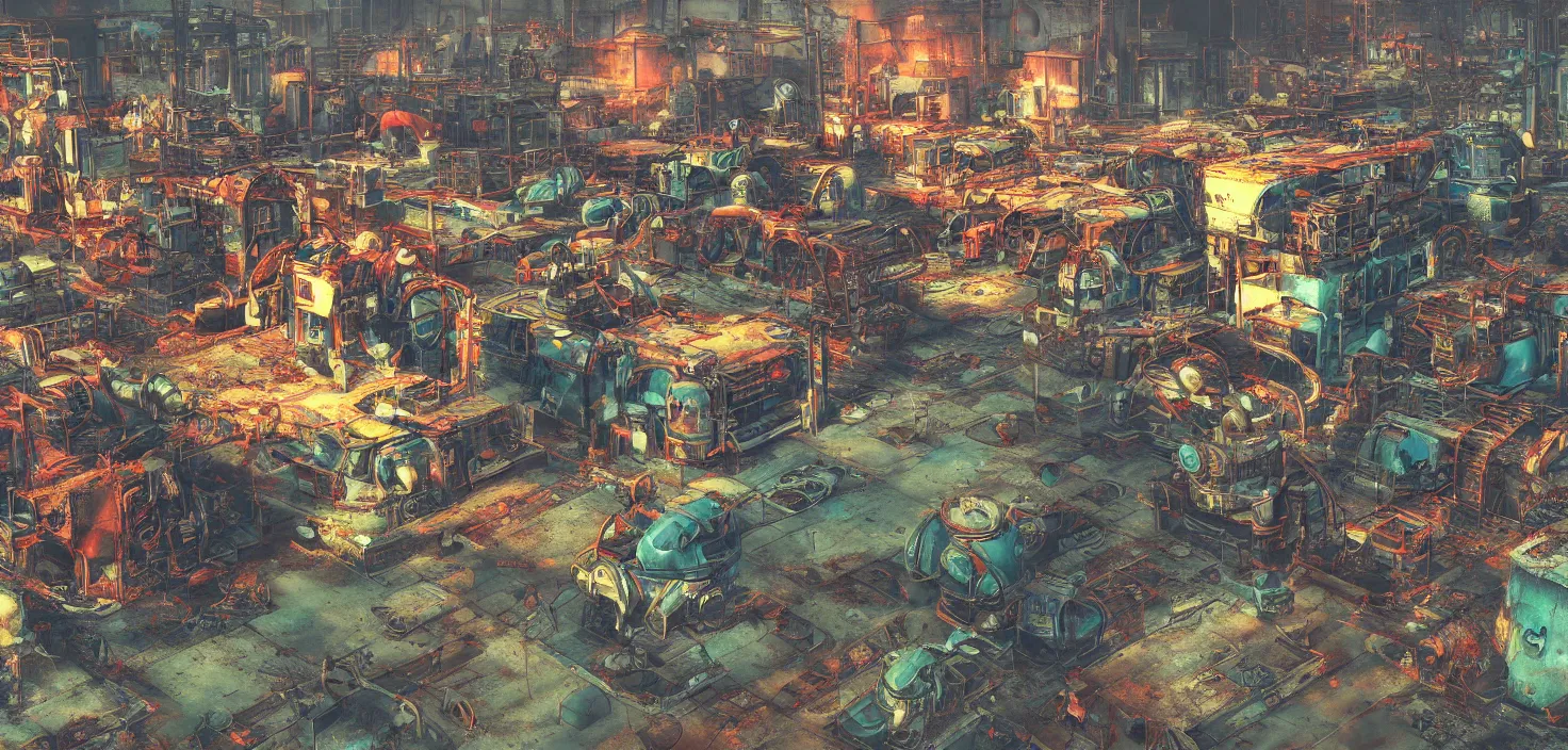 Prompt: industrial robot wasteland, fallout 4, colorful but morbid painting, soft edges