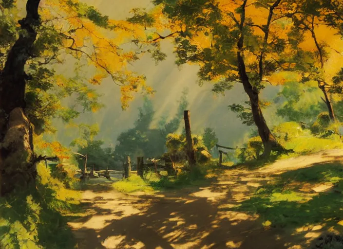 Image similar to oil painting of japanese forest path in midday by anders zorn, wonderful art by studio ghibli, incredible lighting, shadows, beautiful cinematic light, american romanticism by greg manchess, tall rocky mountains and storm clouds, sun rays, sunshine, bright sunny summer day, stone walls and wooden fences, meadow